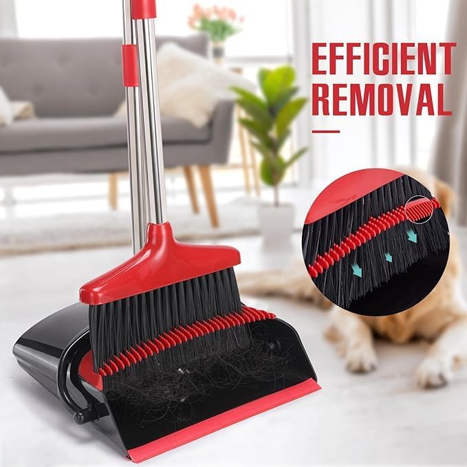Broom and Dustpan Set – Upright Standing Broom with Long Handle and Clip-On Dustpan – Indoor Sweeping Set for Home, Office, or Kitchen – Space-Saving & Easy to Store (Red & Black)