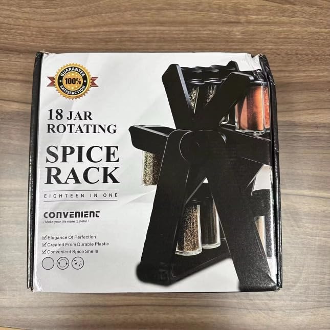 Rotating spice rack set designed to organize and store various spices. This spice rack appears to have a rotating carousel design, allowing easy access to different spices.