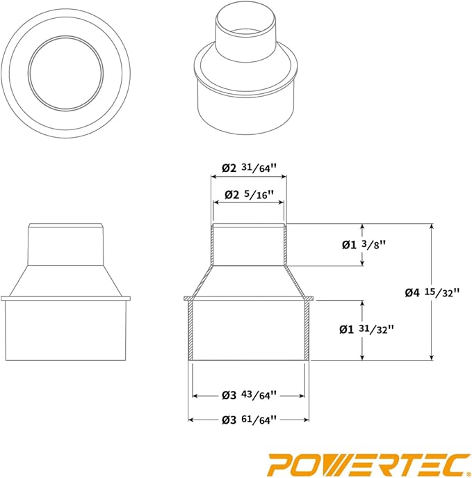 POWERTEC 70338-P2 4 Inch Hose to 2-1/2 Inch Hose Cone Reducer w/Stainless Steel Thumb Screw Hose Clamps, Dust Collection Fittings for Dust Collection Hose, Dryer Vent Hose & Shop Vacuum Hose