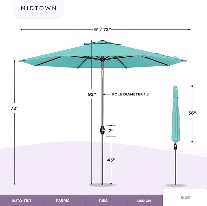 Midtown Umbrellas 10-Year-No-Fade - 6 Ft - UV Proof Red Polyester Fabric - Umbrella Outdoor Patio, Auto-Tilt Aluminum Frame Large Patio Umbrella for Garden, Pool & Deck - Black Pole