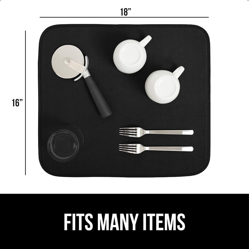 GORILLA GRIP Ultra Water Absorbent Microfiber Dish Drying Mat, Quick Dry Thick Mesh, Slip Resistant Pad for Sink Dishes or Under Rack, Kitchen Counter Accessories, 16x18, Machine Wash, 2 Pack Black