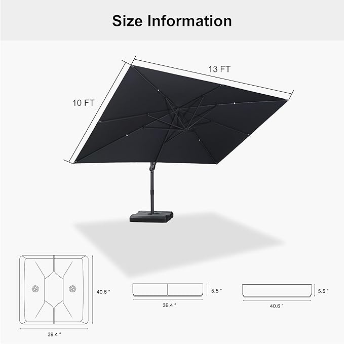 PURPLE LEAF 10' × 13' Patio Cantilever Umbrella with Base Outdoor Rectangle Adjustable Offset Umbrellas with 360-degree Rotation and 8 Heavy Duty Metal Ribs for Garden Deck Pool Grey