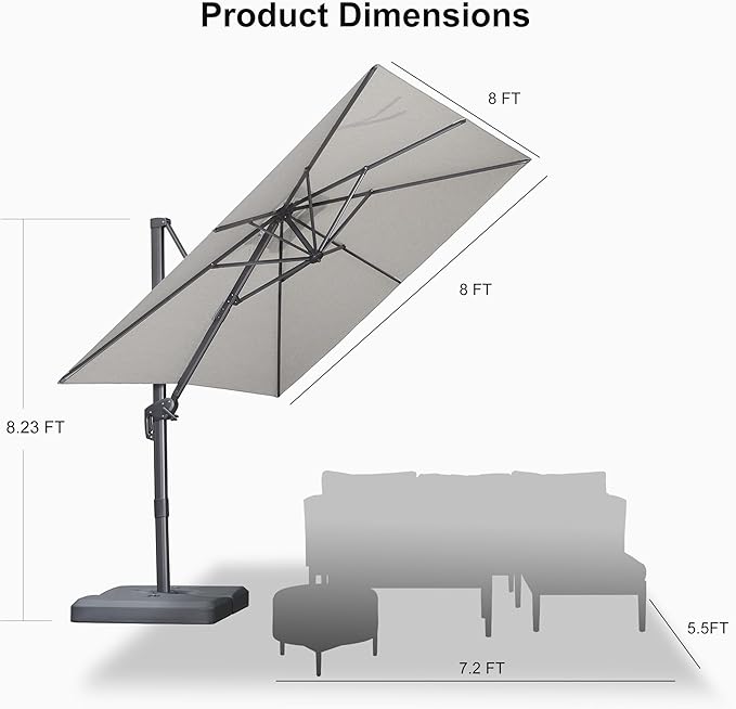 PURPLE LEAF 8 FT Cantilever Patio Umbrella Outdoor Aluminum Offset Square Umbrella with 3 Years Fade Resistance Recycled Fabric and 360-degree Rotation for Deck Pool Garden, Pebble Grey