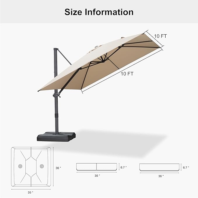 PURPLE LEAF 10' × 10' Patio Cantilever Umbrella with Base Outdoor Square Adjustable Offset Umbrellas with 360-degree Rotation and 8 Heavy Duty Metal Ribs for Garden Deck Pool Beige