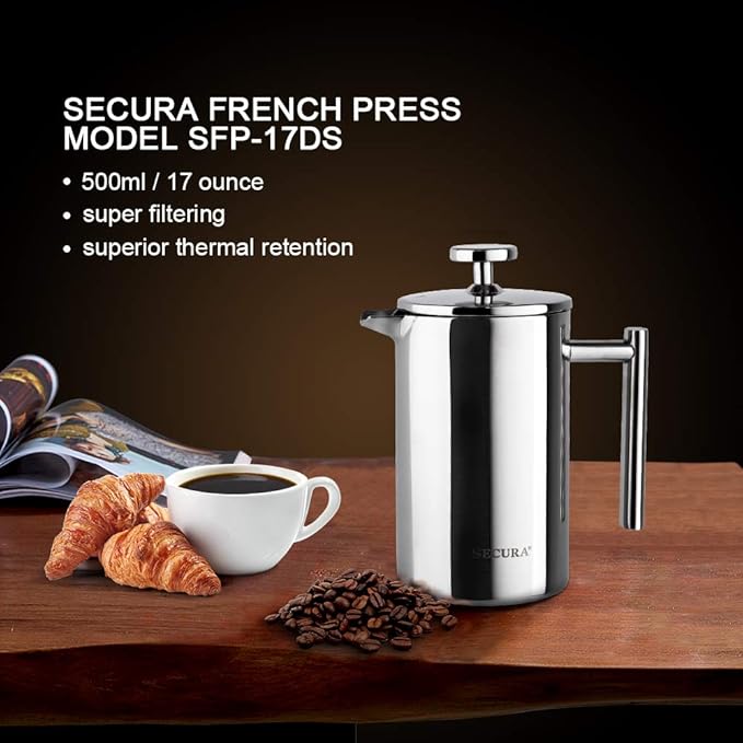Secura French Press Coffee Maker, 304 Grade Stainless Steel Insulated Coffee Press with 2 Extra Screens, 17oz (0.5 Litre), Silver