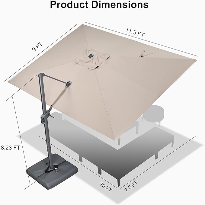 PURPLE LEAF 9' X 11.5' Rectangle Patio Umbrella Outdoor Large Aluminum Cantilever Umbrella with 3-Year Fade Resistance Recycled Fabric and 360-degree Rotation for Deck Pool Garden, Sand Dune