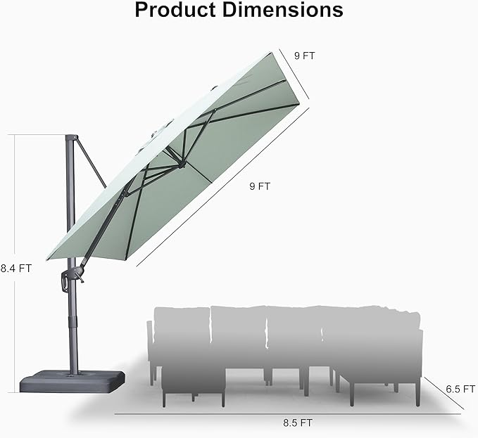 PURPLE LEAF 9 FT Cantilever Patio Umbrella Outdoor Aluminum Offset Square Umbrella with 3 Years Fade Resistance Recycled Fabric and 360-degree Rotation for Deck Pool Garden, Mint Green
