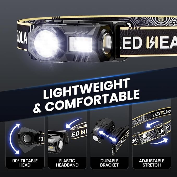 LED Headlamp Rechargeable with Motion Sensor - Super Bright Head Lamp with 6 Modes for Camping & Hiking Gear Essentials, IPX4 Waterproof Headlight Flashlight with Red Light, USB Cable Included(Black)