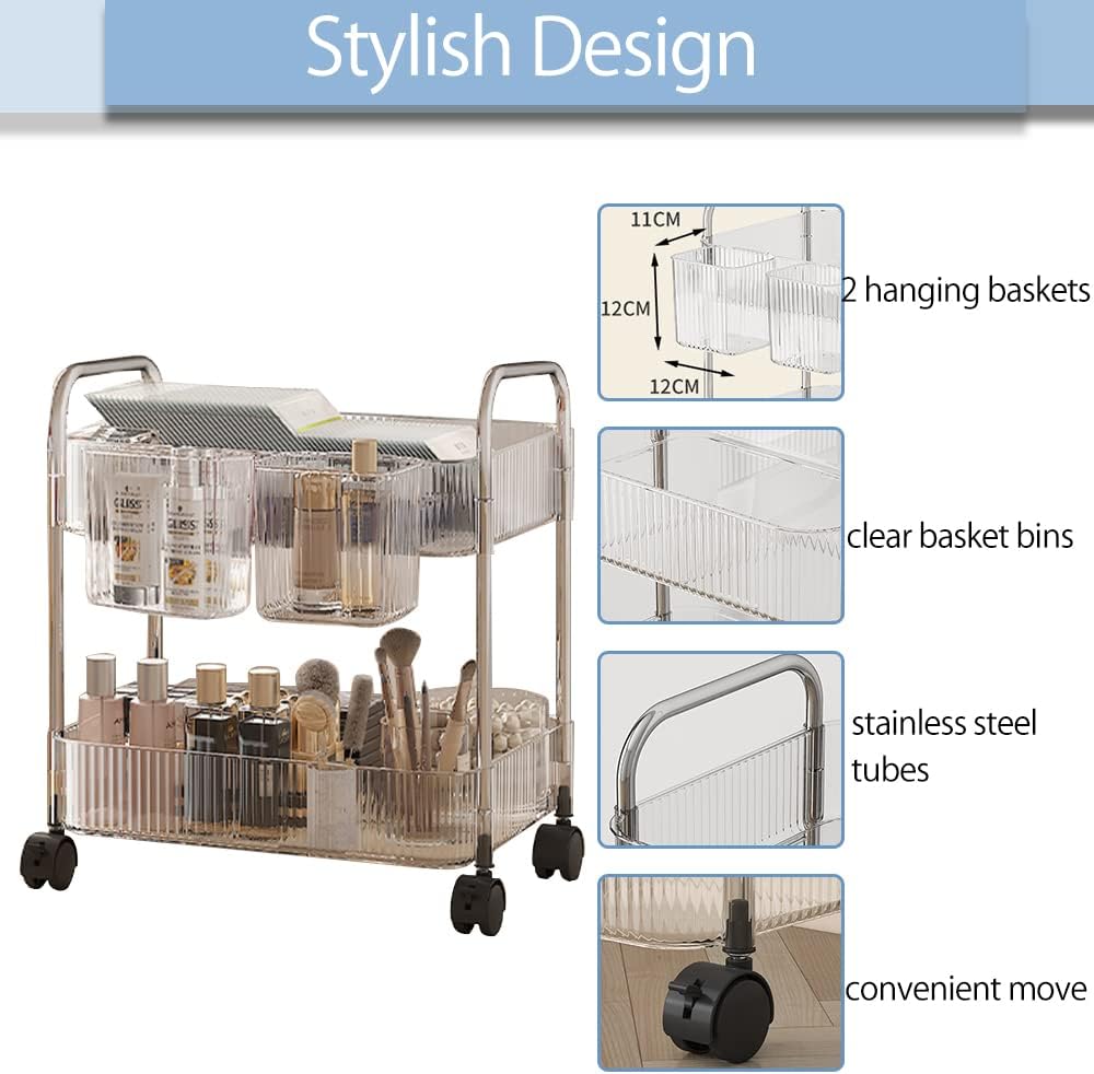 2-Tier Utility Rolling Cart Storage Organizer Sofa Side Table with Wheels, Under Desk Mobile Trolley Organizer with Handle and 2 Hanging Baskets for Office Home Kitchen Organization, Transparent