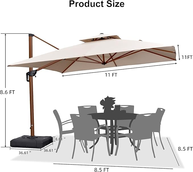 PURPLE LEAF 11ft Patio Umbrella with Base Outdoor Square Umbrellas Large Cantilever Umbrella Windproof Offset Umbrellas Heavy Duty Sun Umbrella for Garden Deck Pool Patio, Beige