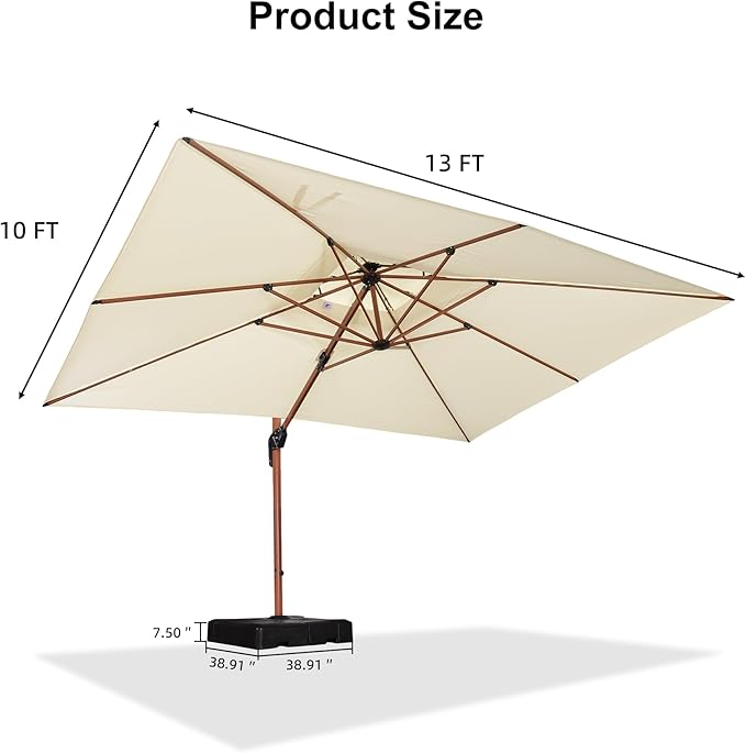 PURPLE LEAF 10' X 13' Double Top Deluxe Wood Pattern Rectangle Patio Umbrella with Base Offset Hanging Umbrella Outdoor Market Umbrella Garden Umbrella, Cream
