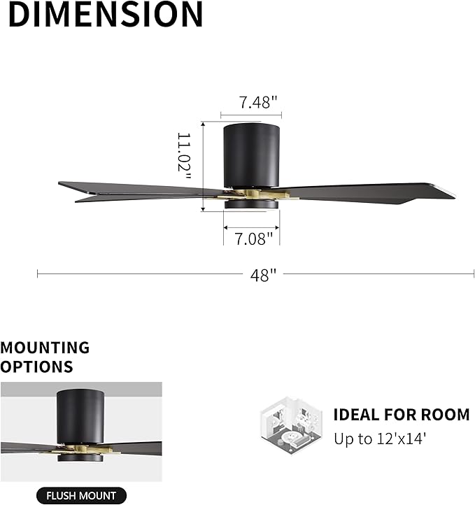 WINGBO 48" DC Flush Mount Ceiling Fan with Lights, 5 Plywood Blades, 6-Speed Reversible DC Motor, 3CCT, Low Profile Hugger Ceiling Fan for Living Room Bedroom Kitchen, Black and Brass