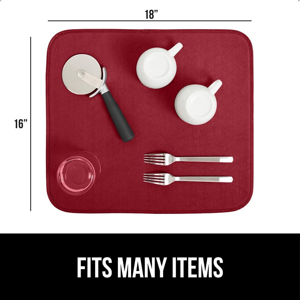 GORILLA GRIP Ultra Water Absorbent Microfiber Dish Drying Mat, Quick Dry Thick Mesh, Slip Resistant Pad for Sink Dishes or Under Rack, Kitchen Counter Accessories, 16x18, Machine Wash Mats, Red