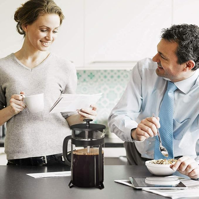 QUQIYSO French Press Coffee Maker 34oz 304 Stainless Steel French Press with 4 Filter, Heat Resistant Durable, Easy to Clean, Borosilicate Glass Coffee Press, 100% BPA Free Glass Teapot, Black