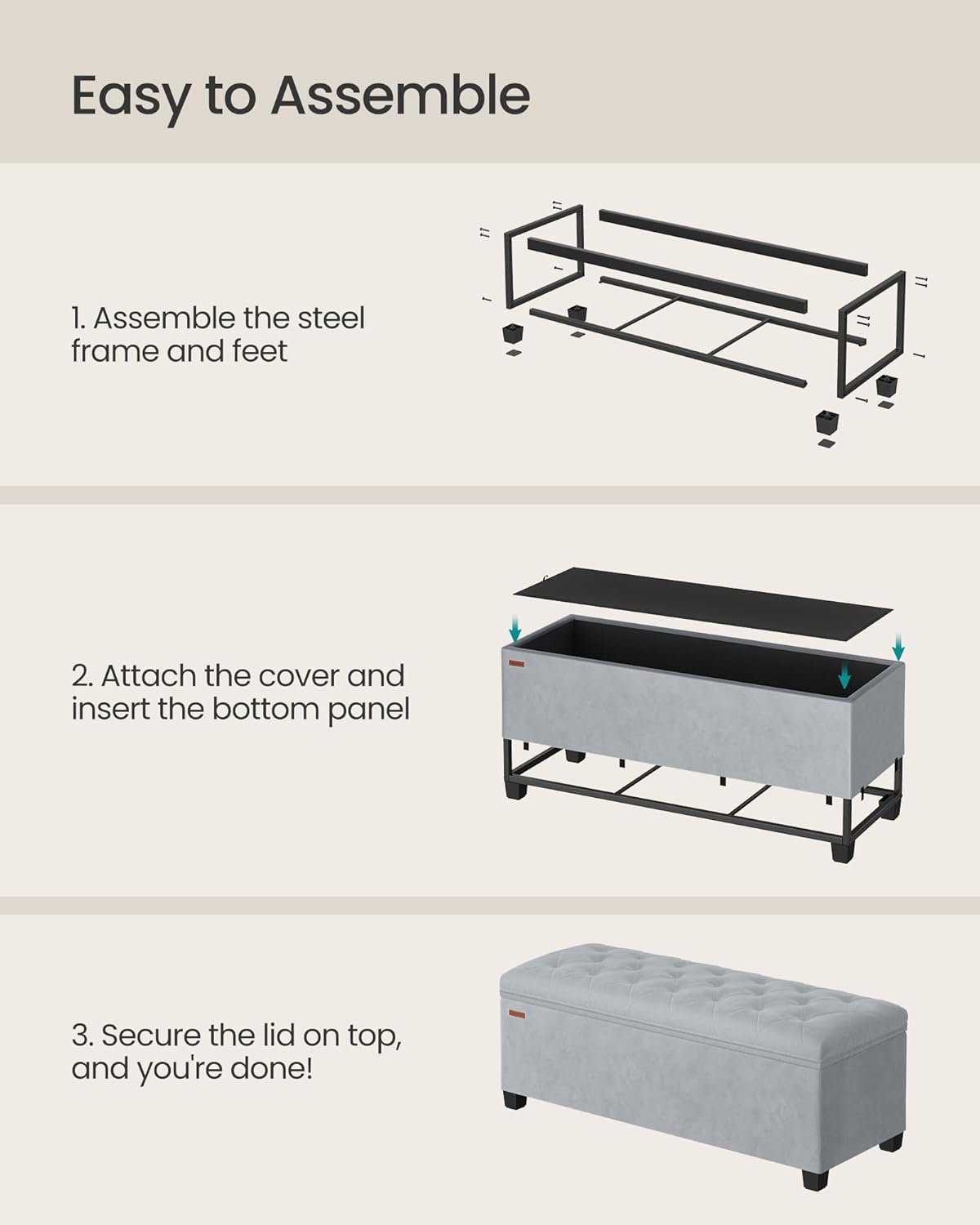 SONGMICS Velvet Storage Ottoman Bench, Foot Rest with Legs, 15.7 x 43 x 15.7 Inches, End of Bed Bench, Storage Chest, Load up to 660 lb, for Living Room, Bedroom, Entryway, Dove Gray ULSF089G02