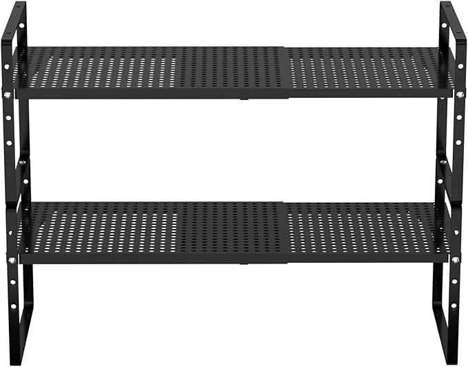 Redrubbit Expandable Cabinet Storage Shelf, Adjustable Height Steel Metal Kitchen Counter Organizers Shelves Spice Rack for Kitchen Pantry Bathroom Cupboard Desk Home Office, Black-2 Pack