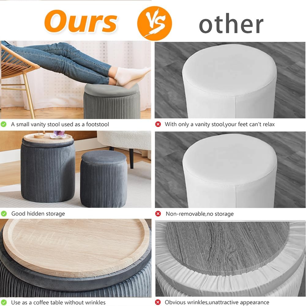 Round Ottoman with Storage Set of 2-Upholstered Velvet Vanity Stool for Makeup Multifunctional Ottomans Coffee Table Padded Seat Foot Rest for Living Room&Bedroom (Light Grey-Upgrade Tray Lid)