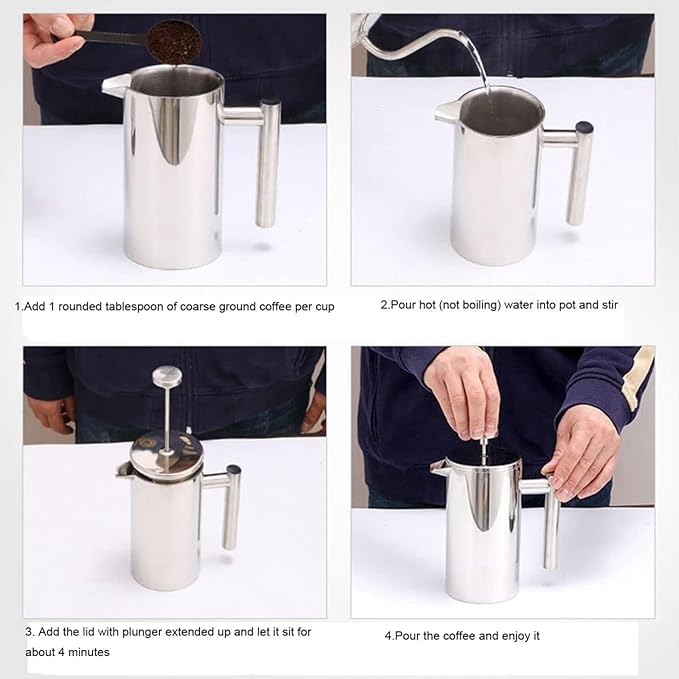 French Press Coffee Maker,Stainless Steel Double Wall Insulated Coffee Press 34 oz,4-8 Cups, Portable Hot Cold Brew Teapot Cafetera for Coffee Bar Accessories Kitchen Camping (White,34oz)