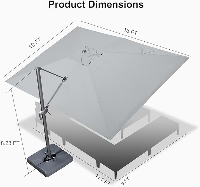 PURPLE LEAF 10' X 13' Patio Umbrella Large Rectangle Outdoor Aluminum Cantilever Umbrella with 3-Year Fade Resistance Recycled Fabric and 360-degree Rotation for Deck Pool Garden, Pebble Grey
