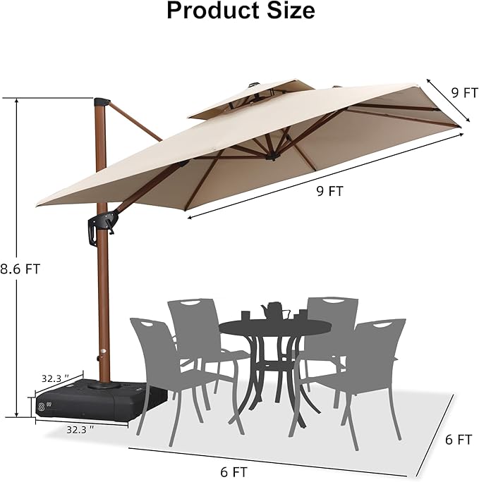 PURPLE LEAF Patio Umbrella with Base Outdoor Square Umbrella Large Cantilever Umbrella Windproof Offset Umbrella Heavy Duty Sun Umbrella for Garden Deck Pool Patio, 9ft Beige