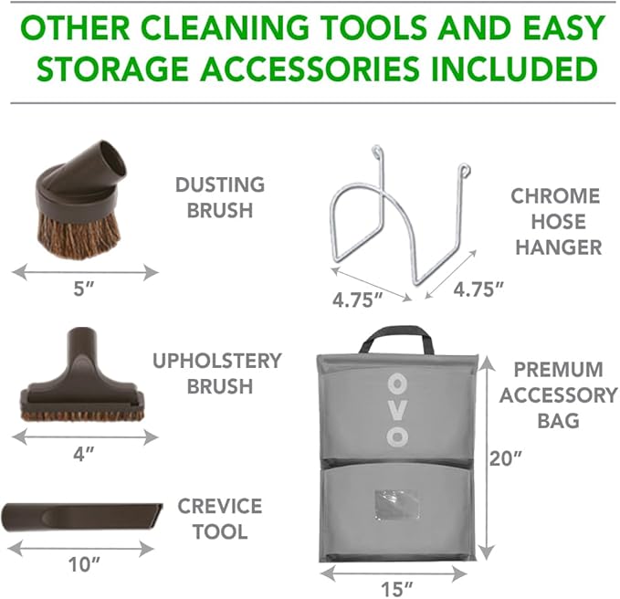 OVO Central Vacuum Carpet Deluxe Accessory Kit, 40ft Dual Voltage hose with pigtail, On-Off Switch at the handle, 6 Adjustable heights Electric carpet beater, 12’’ floor brush and accessories.
