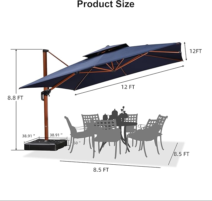 PURPLE LEAF 12ft Patio Umbrella with Base Outdoor Square Umbrellas Large Cantilever Umbrella Windproof Offset Umbrellas Heavy Duty Sun Umbrella for Garden Deck Pool Patio, Navy Blue
