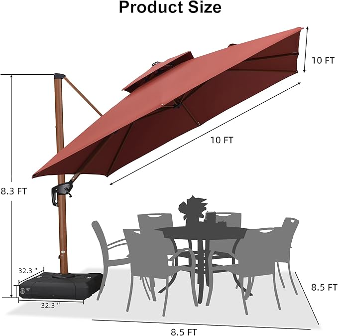 PURPLE LEAF 10ft Patio Umbrella with Base Outdoor Square Umbrellas Large Cantilever Umbrella Windproof Offset Umbrellas Heavy Duty Sun Umbrella for Garden Deck Pool Patio, Brick Red