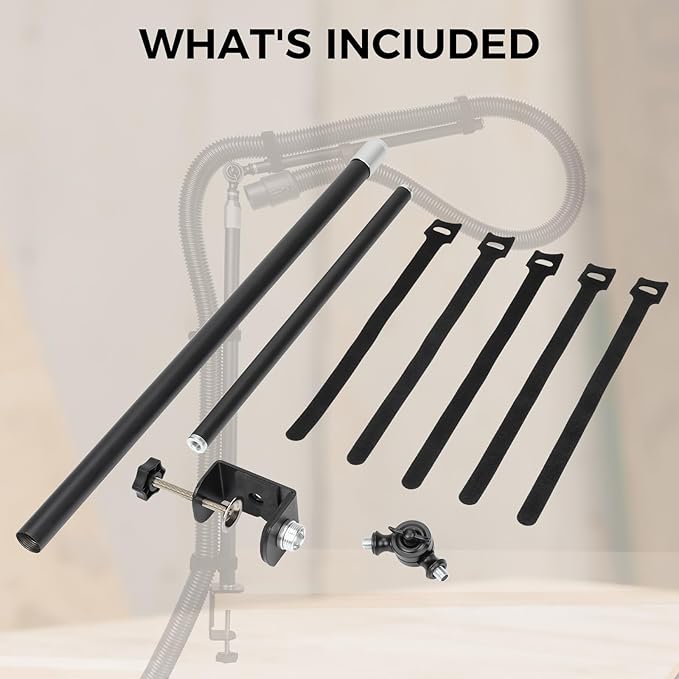 Dust Collection Boom Arm for CNC Router – Adjustable Clamp Mount Hose Holder for Desktop CNC Machines – Flexible Support Prevents Hose Sag, Improves Airflow & Keeps Work Area Clear