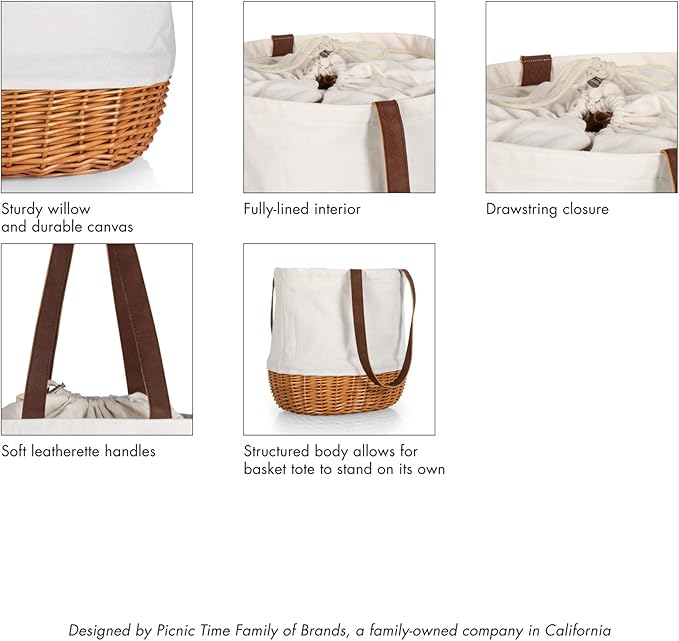 PICNIC TIME Coronado Canvas and Willow Basket Tote, Picnic Tote Bag, Beach Tote