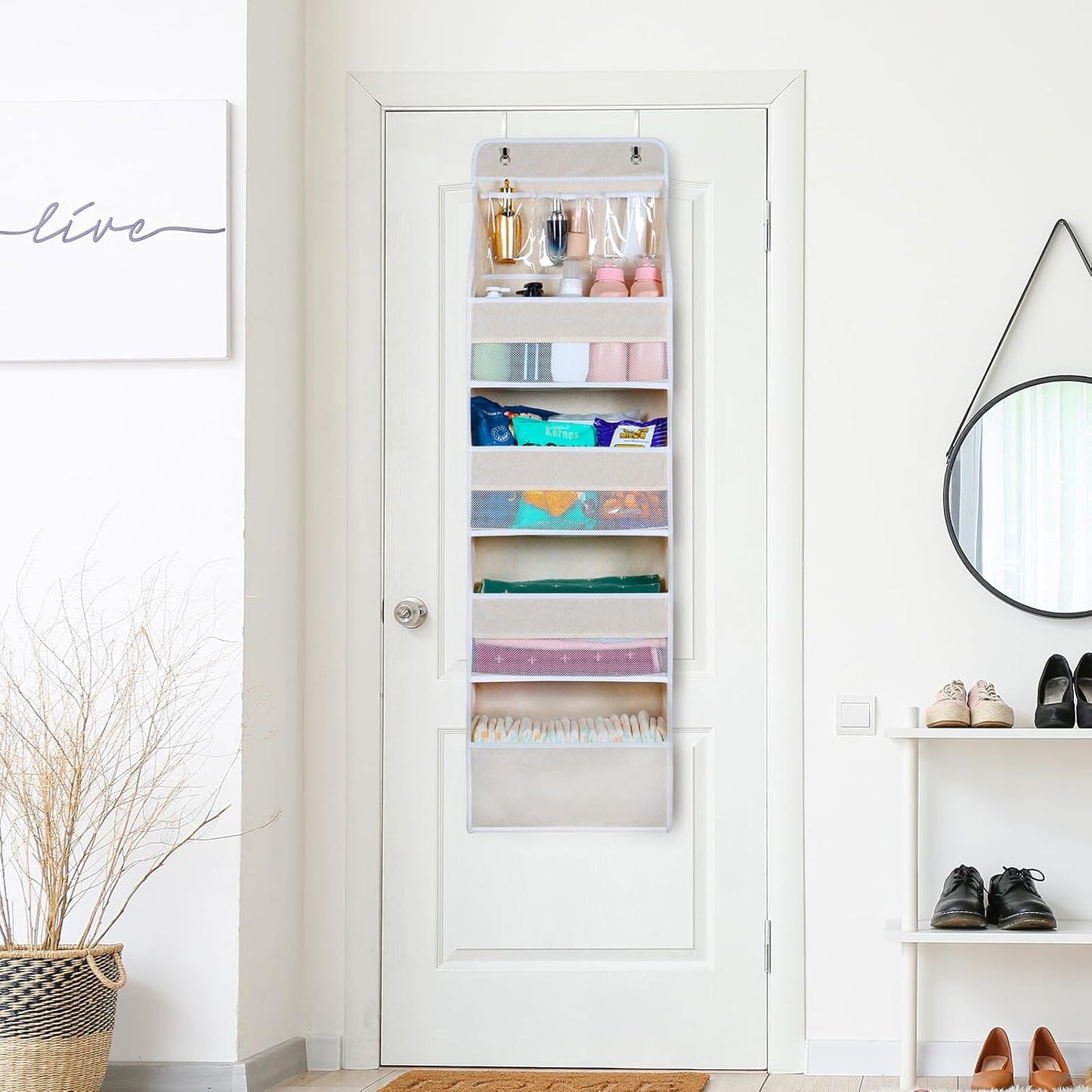 Univivi 5-Shelf Over Door Hanging Organizer Fabric Door Storage with 4 Large Pockets and 3 Small PVC Pockets Wall Mount Hanging Storage Organizers for Baby Nursery (Beige Pattern)