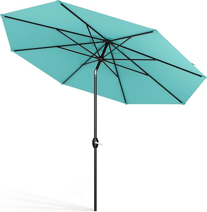 Midtown Umbrellas Sunbrella Umbrella 9 Feet Outdoor Umbrella With Sunbrella Aruba Acrylic Fabric - Auto-Tilt Aluminum Frame Patio Umbrella For Backyard, Deck, Garden, Pool - Black Pole