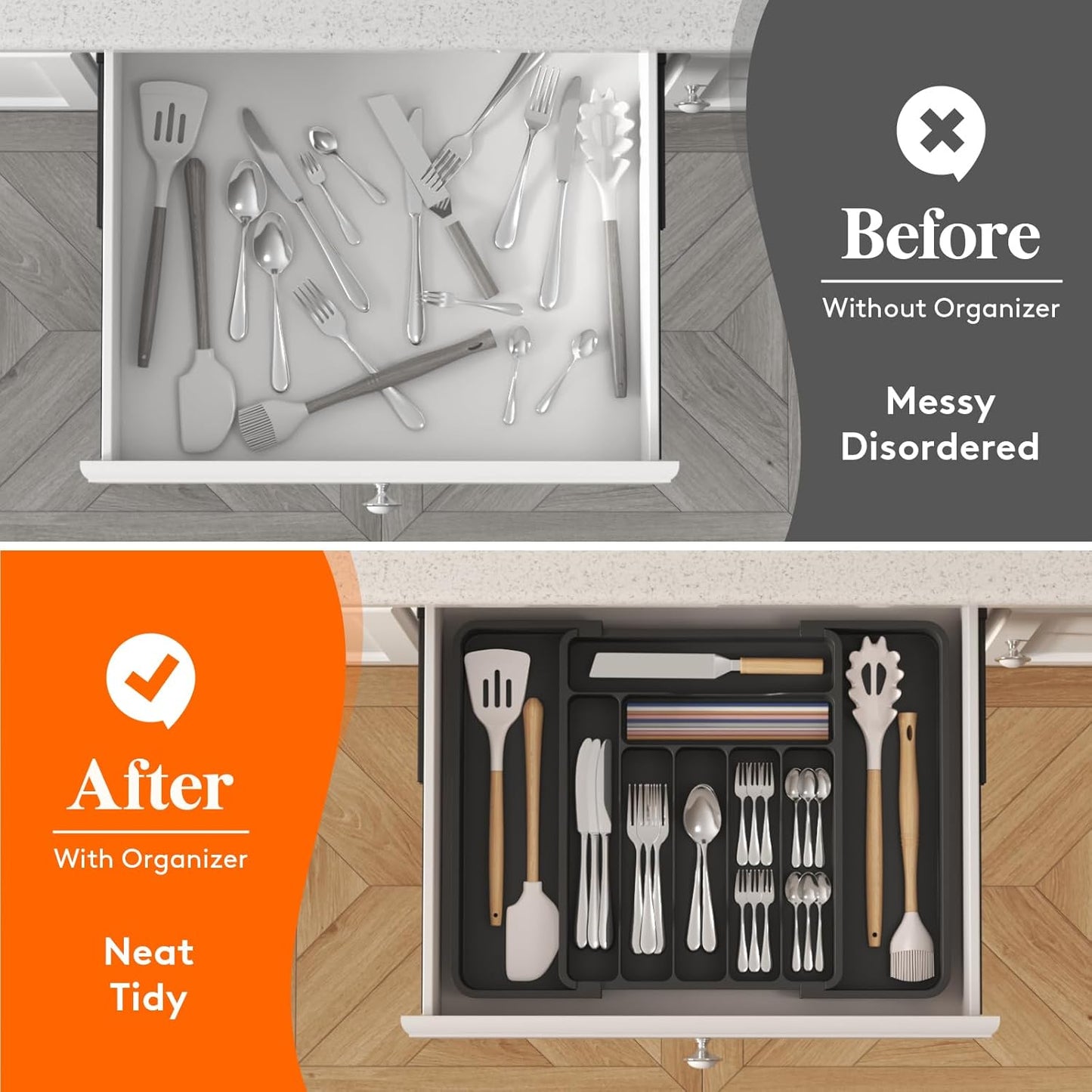 Lifewit Silverware Drawer Organizer, Expandable Utensil Organizer for Kitchen Drawers, Adjustable Cutlery and Flatware Tray, Plastic Spoons Forks Knives Holder Storage Dividers, Medium, Black