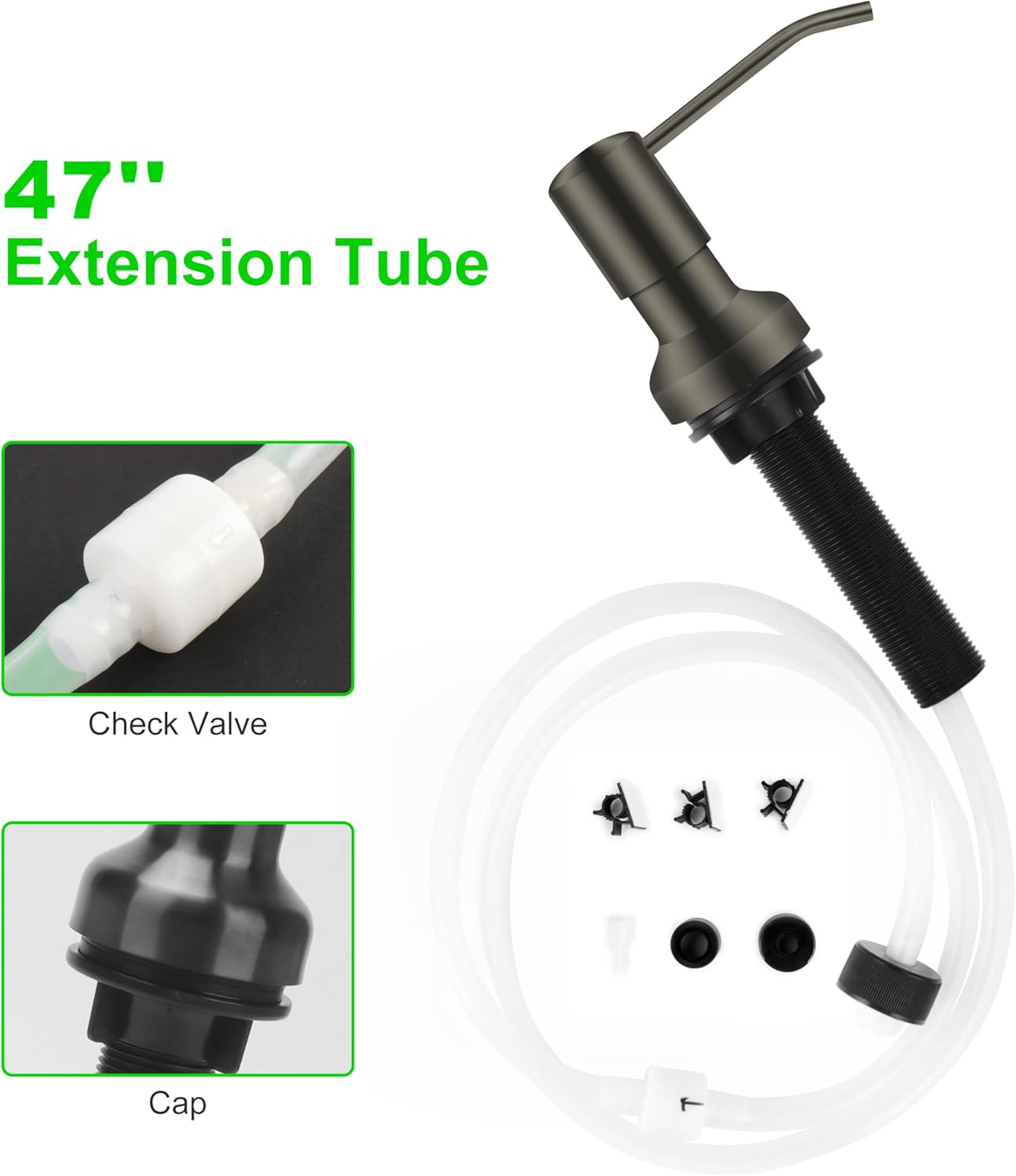 Soap Dispenser for Kitchen Sink, Sink Soap Dispenser with Longer Threaded Shaft, Stainless Steel Pump with 47" Extension Tube, Connects Directly to Dish Soap Container, Wide Pump Head Base(Gray)