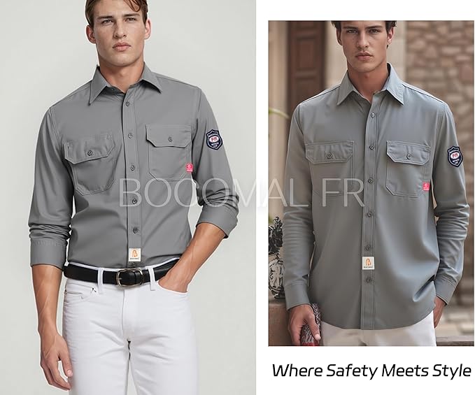 BOCOMAL FR Shirts Flame Resistant 100% C NFPA2112 7.5oz Men's Fire Retardant Welding Shirt