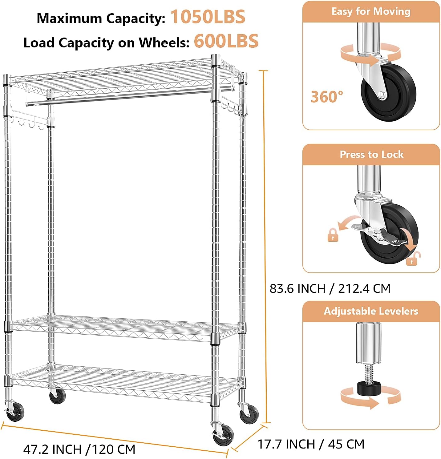 Heavy Duty Rolling Garment Rack 3 Tiers Adjustable Wire Shelving Clothes Rack with Rods and Side Hooks,Storage Closet Clothing Rack with Wheels Chrome 17.7" D x 47.2" W x 83.6" H