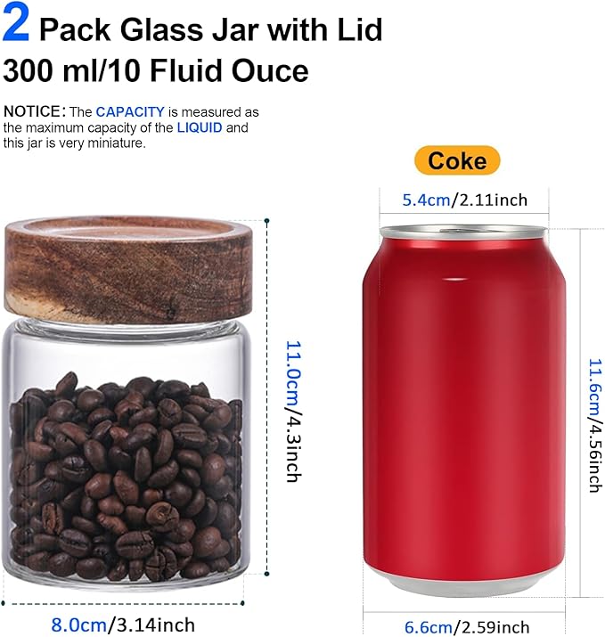 Small Glass Coffee Jars with Top Screw Lid Round Storage Canister Clear Glass Food Jar for Pantry Sugar Tea Coffee Bean Spice Nuts Cookies Bath Salts (2×300ml(10oz))