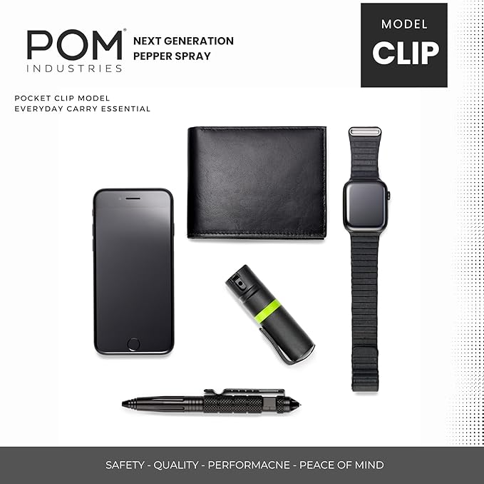 POM Pepper Spray Pocket Clip, Quick Flip Top Safety, Maximum Strength OC Formula with UV Marking Dye, Safe Compact and Tactical Design for Everyday Carry, 25 Bursts, 10 ft Range, 0.5 fl oz