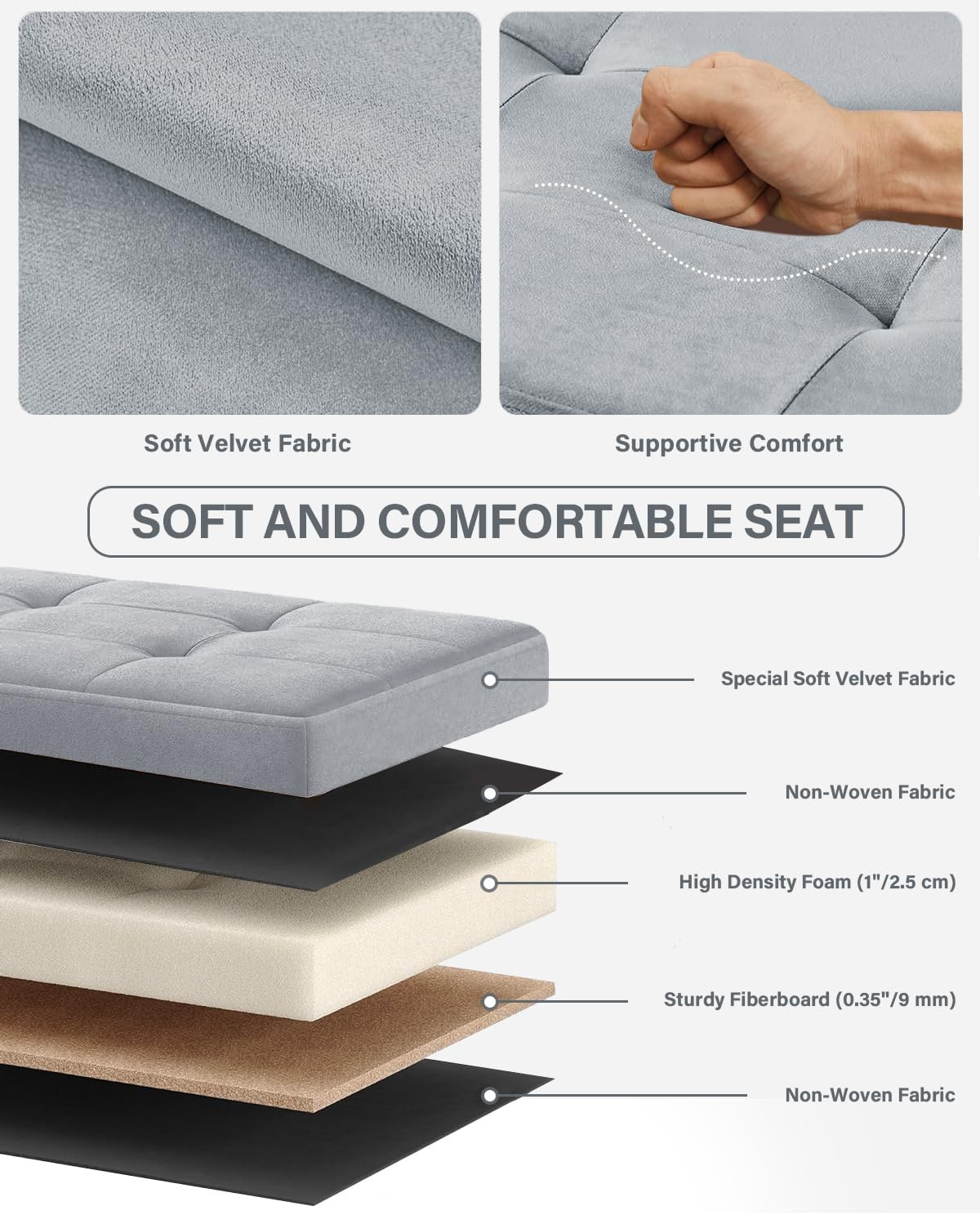 Folding Storage Ottoman, Velvet Storage Bench, Footrest, Removable Divider, for Living Room, Bedroom, 15 x 43 x 15 Inches, 660 lb Load Capacity, Dove Gray UASND02G