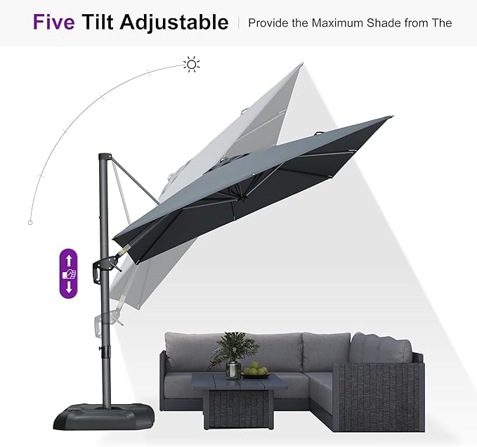PURPLE LEAF 8 Feet Square Cantilever Umbrella Patio Umbrella with Base Outdoor Umbrella Aluminum Offset with 360-degree Rotation for Garden Deck Pool Patio, Grey