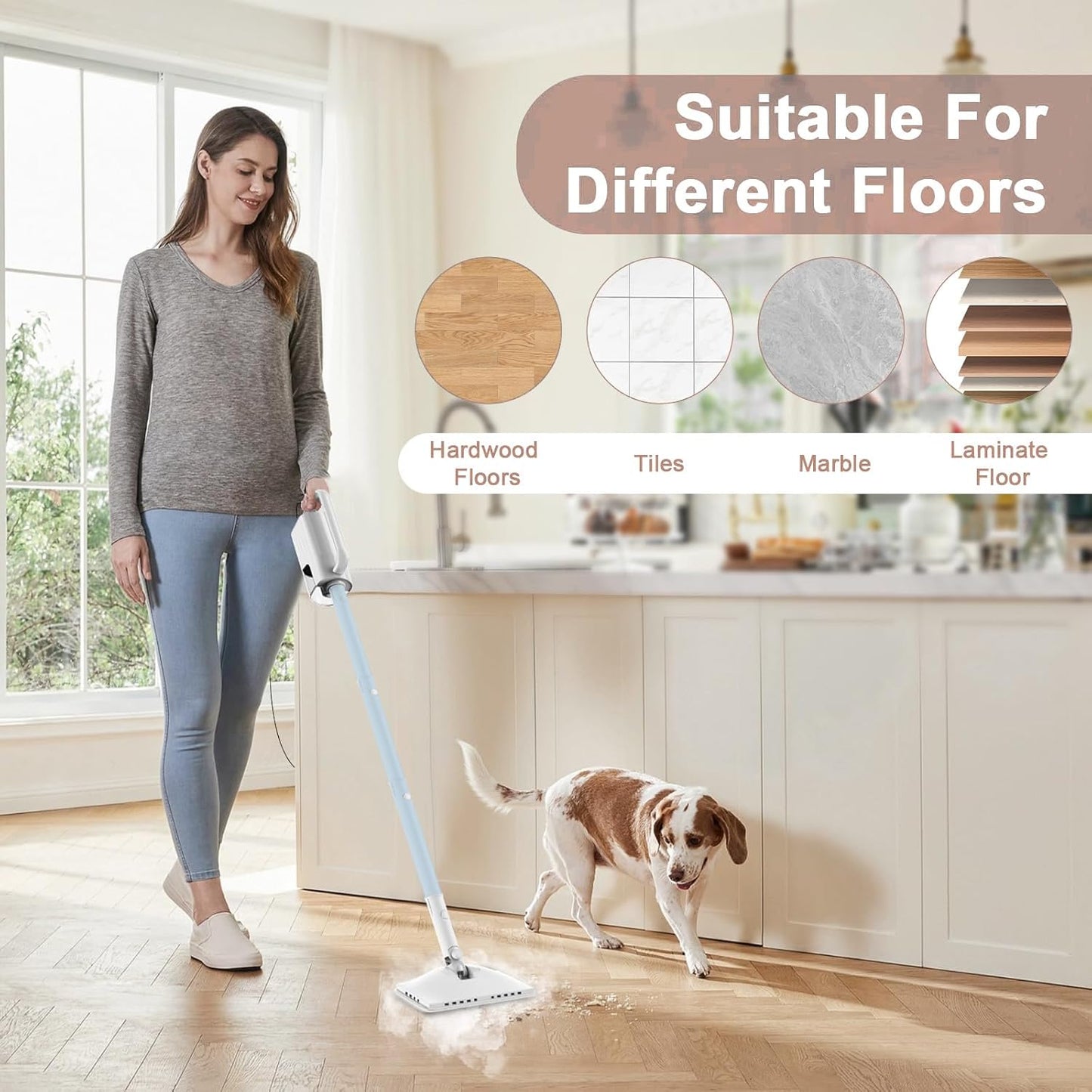Steam Mop Cleaner, 7 in 1 Rotated Steam Cleaner for Home, Adjustable 2 Modes Steam Mop with 23FT Power Cable and 400ML Removable Tank, Hard Floor, Laminate Floor, Tiles Cleaning (Emerald Blue)