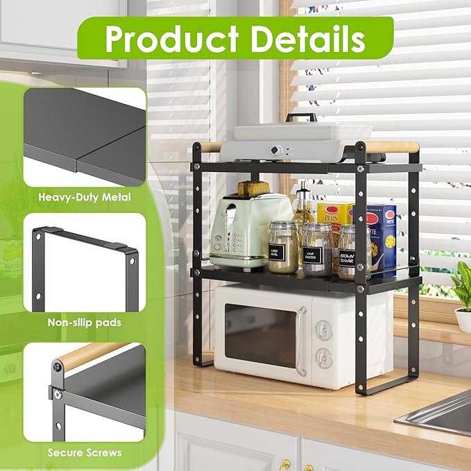 DOLALIKE Expandable kitchen Countertop Organizer, Stackable Cabinet Shelf Organizers, Space Saving Spice Rack Pantry Storage for Bathroom Office Organization (6.9'D*13-19.7''W*15.7''H, Black)