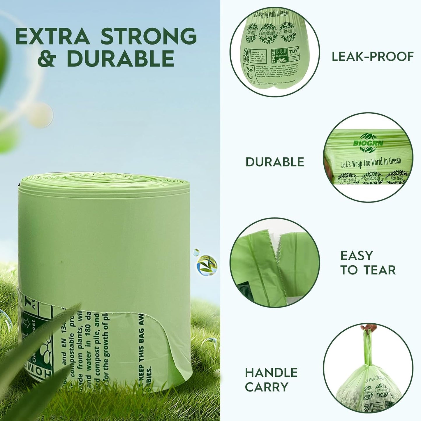 2.6-3 Gallon Compostable Trash Bags with Handles 80 Count 0.67 Mil 11.36 L Small Kitchen Wet Food Scrap Waste Compost Bag for Countertop Bin ASTM D6400 US BPI and OK Compost Home Certified