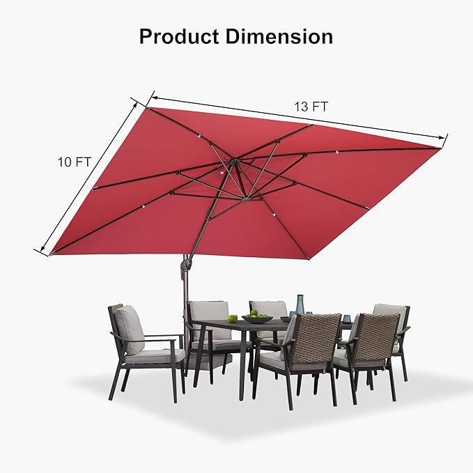 PURPLE LEAF 10' X 13' Patio Cantilever Umbrella Rectangle Umbrella Outdoor with Aluminum Offset Hanging and 360° Rotation for Pool Garden Deck Patio, Terra
