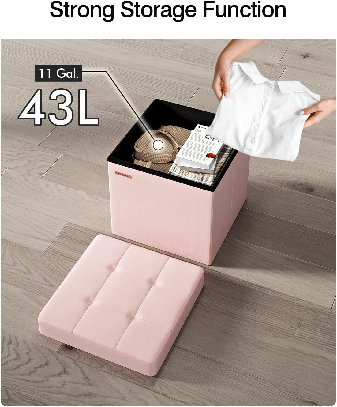 Folding Storage Ottoman, Velvet Storage Bench, Footrest, Footstool, for Living Room, Bedroom and Office,15 x 15 x 15 Inches, 300 kg Load Capacity,Jelly Pink,UASND04P
