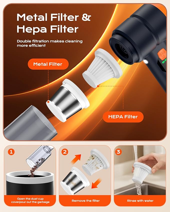 Car Vacuum Portable Cordless, Handheld Vacuum Cordless with 30000PA Suction, 130000RPM, 6800mAh Battery, 10 Nozzles, Rubber Paint Material for Car, Home, Pet Cleaning(Charcoal Black)