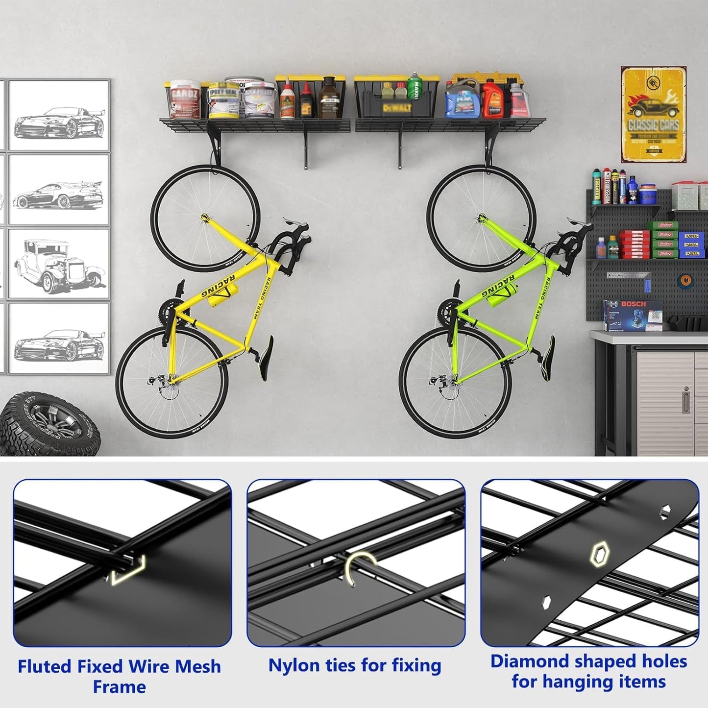 Heavy Duty Garage Wall Shelving, 2x6ft Wall Mounted Storage Shelves for Garage, Closet, Laundry Room, Heavy Duty Walls Shelving, Holds Up to 600 Lbs(Black), 70.86" x 23.6"