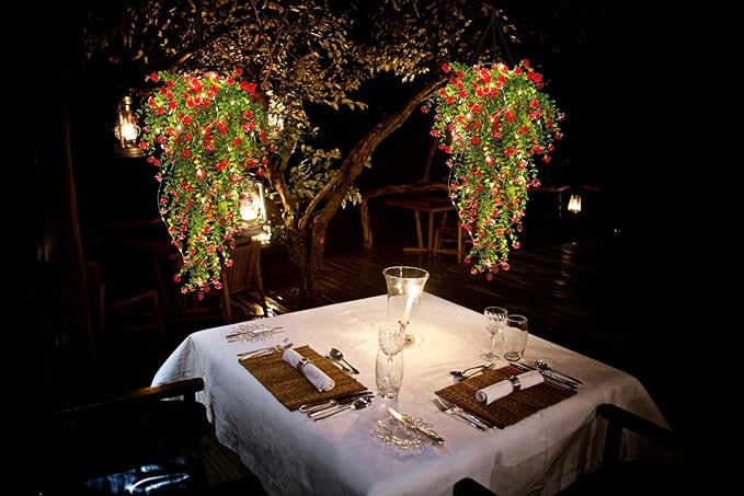 Vine Plant Fake Ferns Plants Large Faux Artificial Hanging Plants Wall Plants Artificial Hanging Plants Outdoors Fake Hanging Plant Greenery Vine with Lights for Outdoor Plants Decor 3 Pcs(Red)