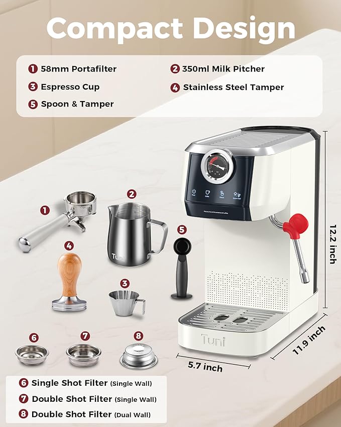 Tuni E2 58mm Espresso Machine 20Bar, Dual Boiler Espresso Maker with 10mm Steam Milk Frother, Semi-automatic Coffee Machine with UKLA Pump for Espresso,Cappuccino, Gift for Coffee Lover