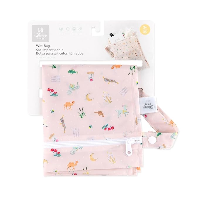 Bumkins Disney Waterproof Wet Bag for Baby, Travel, Swim Suit, Cloth Diapers, Pump Parts, Pool, Beach, Gym Clothes, Toiletry, Hook to Stroller, Daycare, Zip Reusable Wetdry Pack, Princess Magic Pink