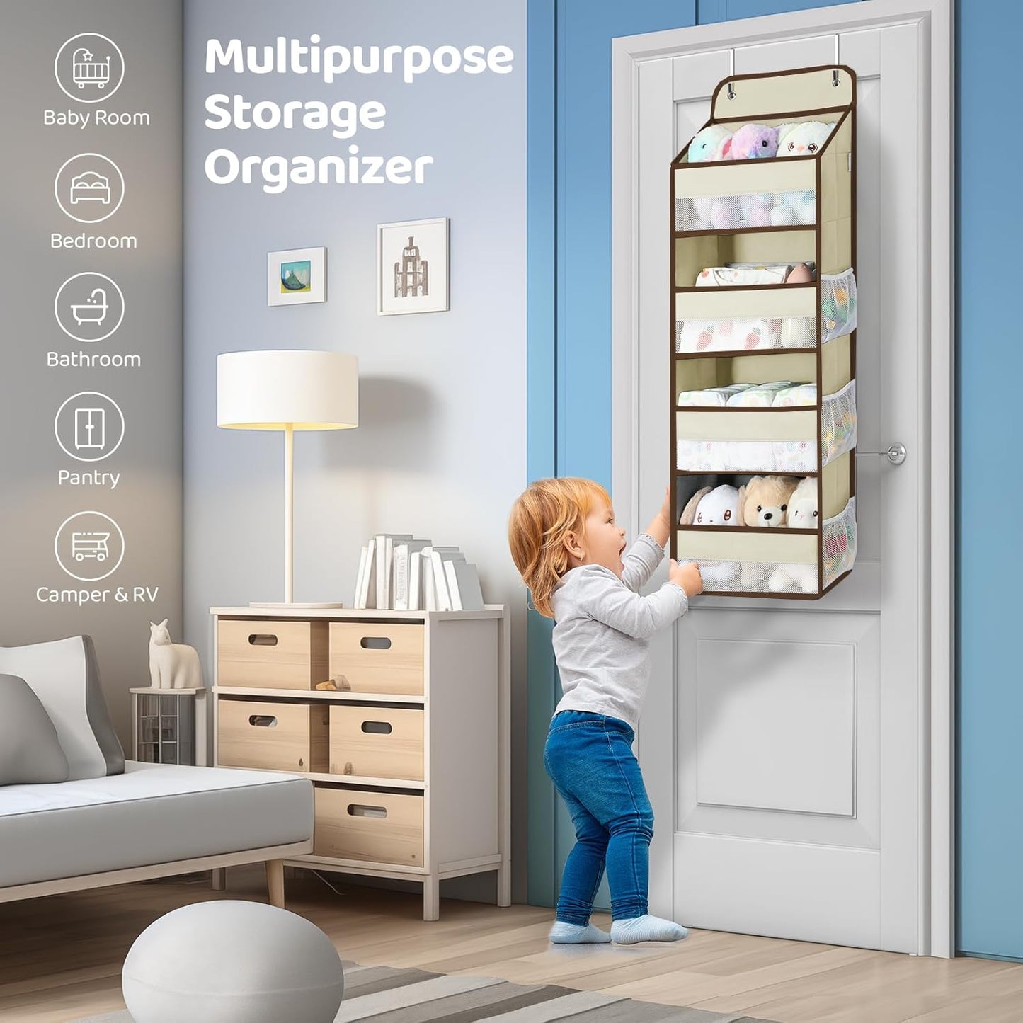 Yecaye 2 Pack 4 Tier Over the Door Organizer, Foldable Portable Baby Essentials for Stuffed Animal Storage - Multi-purpose Bathroom Closet Organizers and Storage for Kids Newborn Baby Stuff Beige